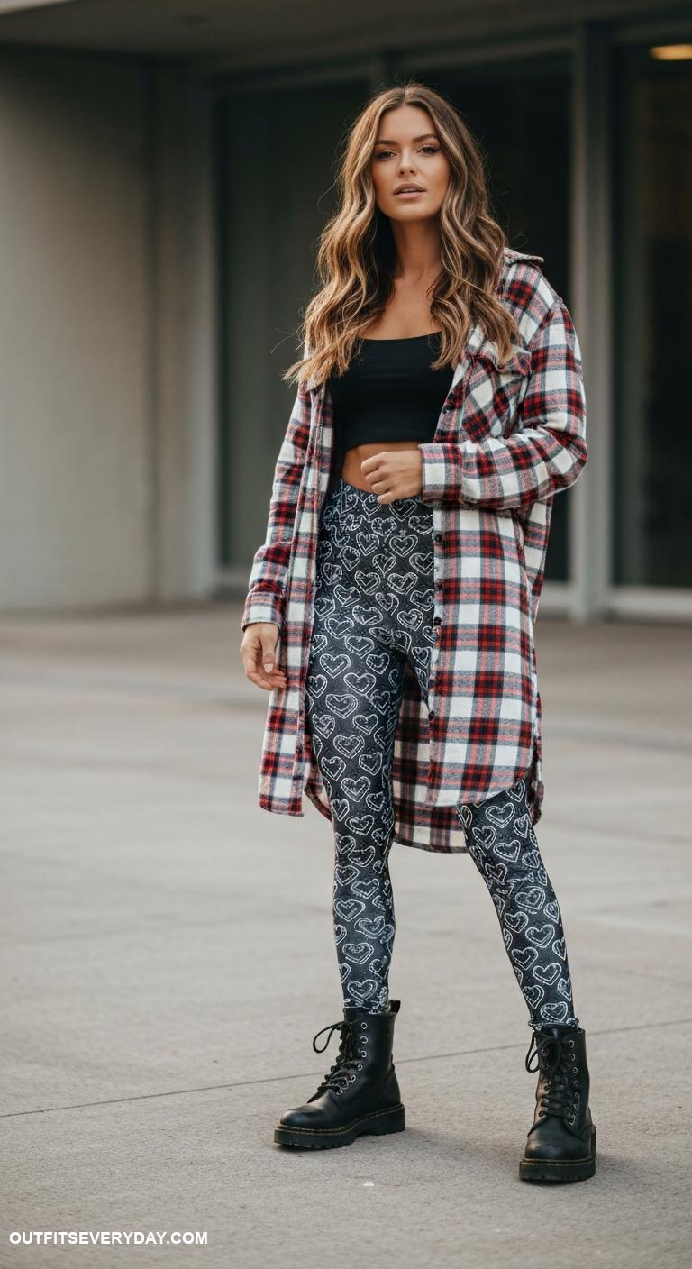 chrome heart leggings outfit Layer under a long plaid flannel shirt with combat boots