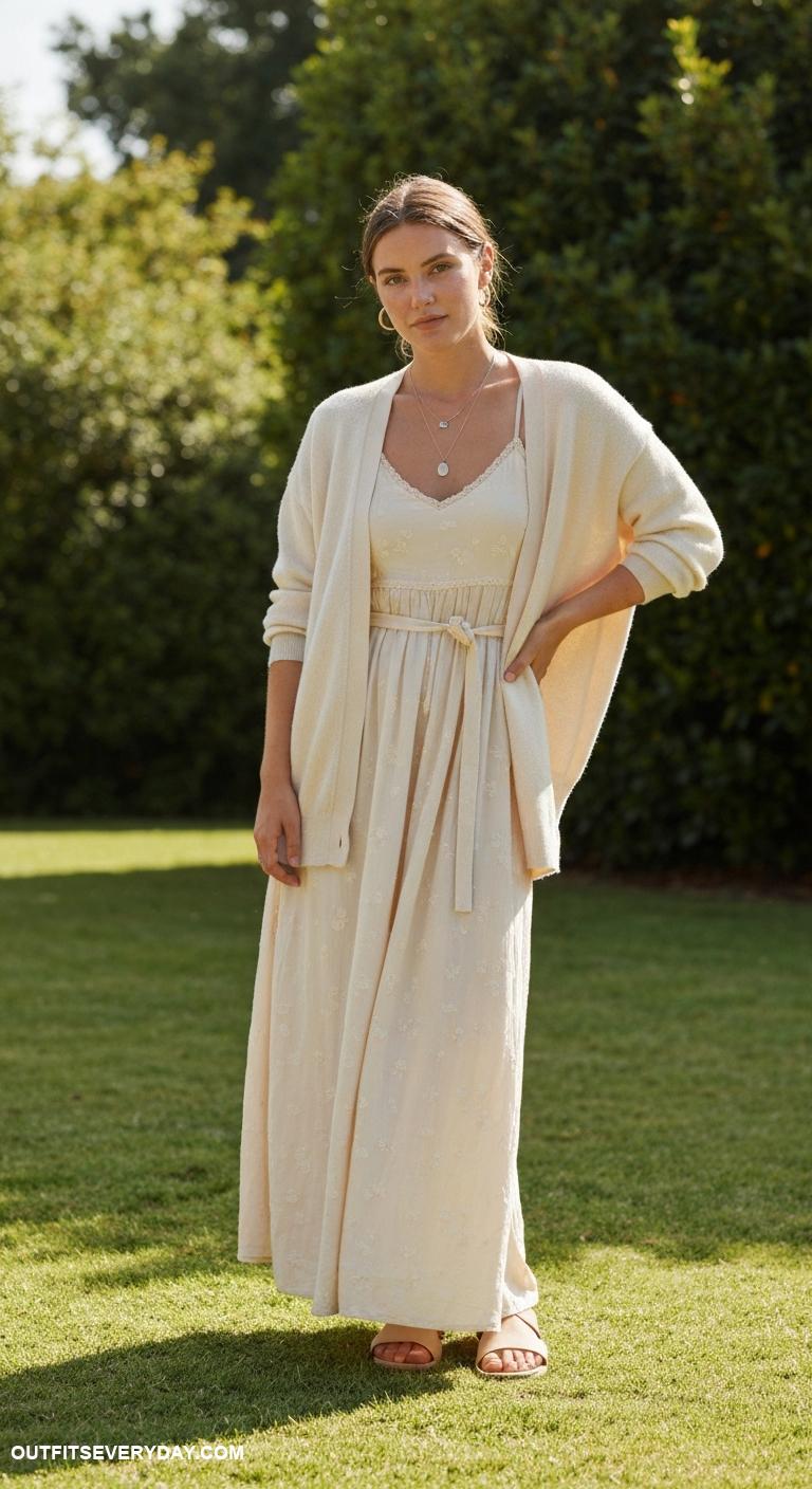 cream cardigan outfit Accessorize with a belt over a maxi dress