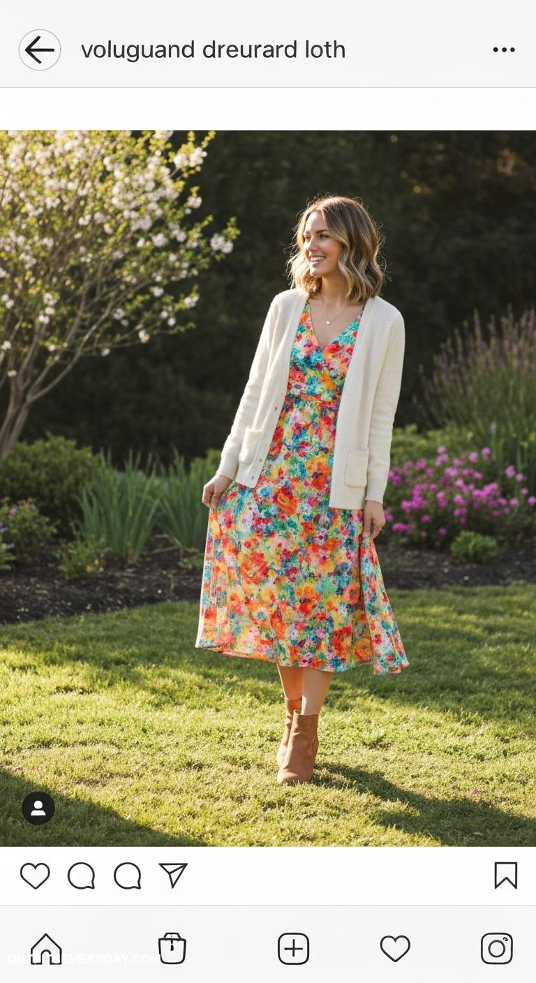 cream cardigan outfit Layer over a floral midi dress with ankle boots