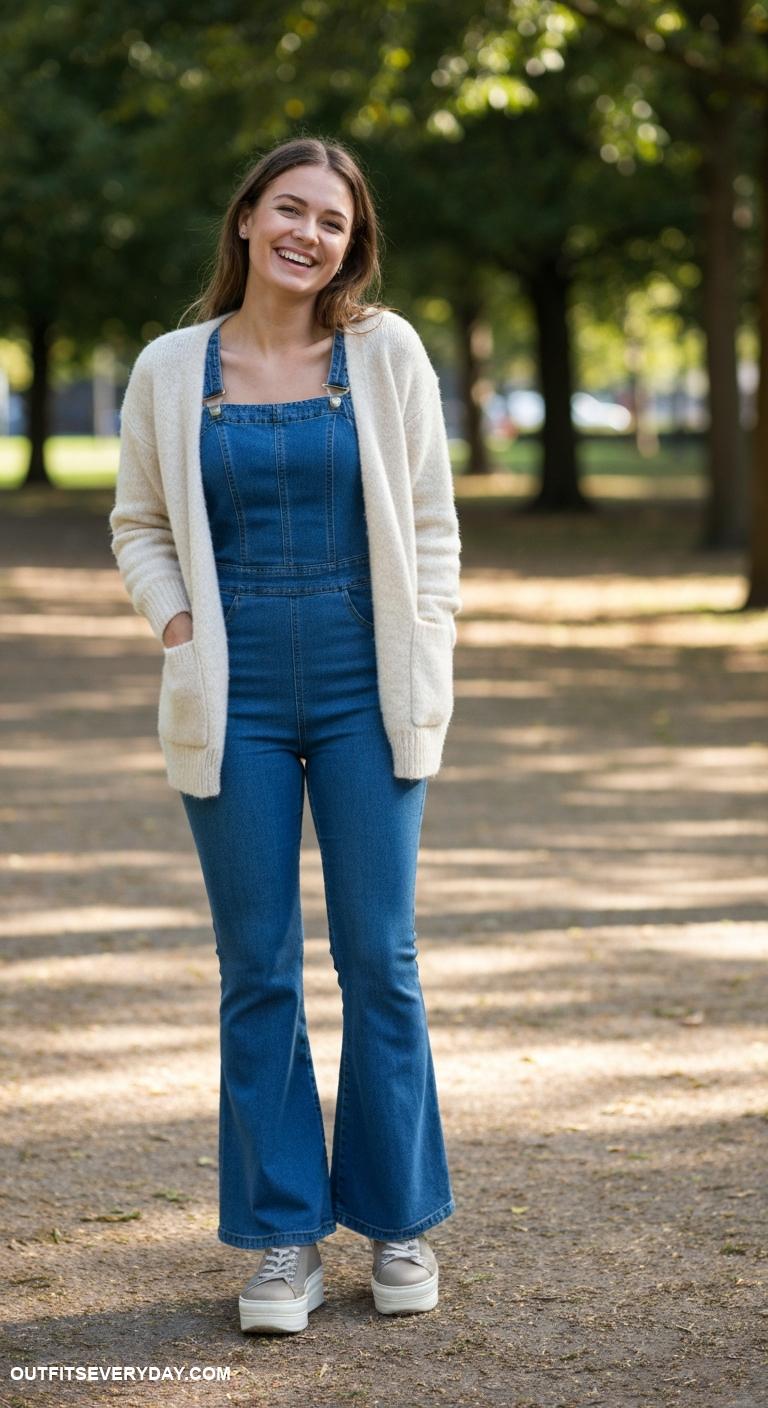 cream cardigan outfit Match with a denim jumpsuit and platform sneakers