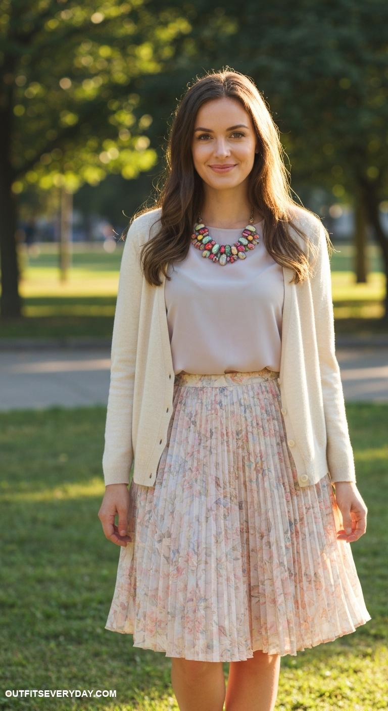 cream cardigan outfit Style with a pleated skirt and statement necklace