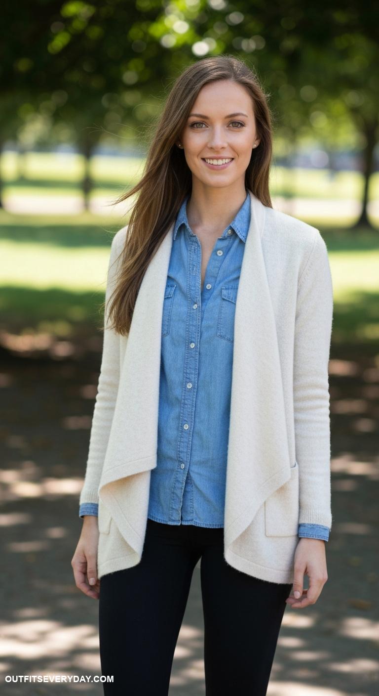 cream cardigan outfit Throw on over a chambray shirt and leggings