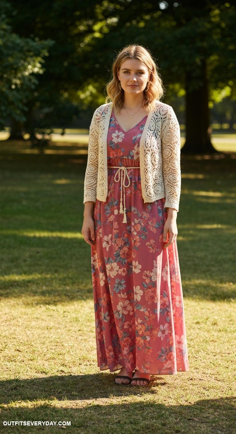 crochet cardigan outfit Cinch a cardigan with a belt over a maxi dress for a chic look
