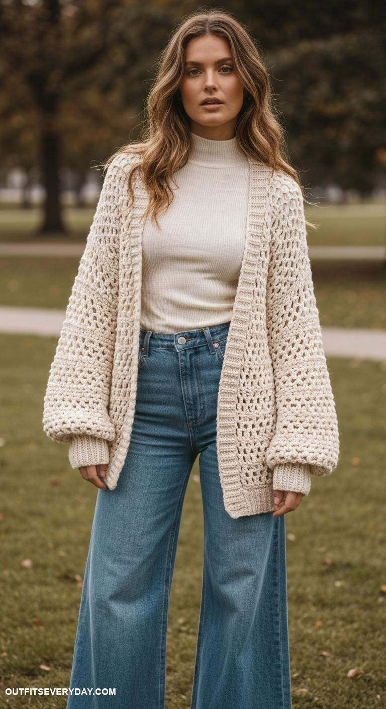 crochet cardigan outfit Layer a chunky knit cardigan over a fitted turtleneck and wide leg jeans