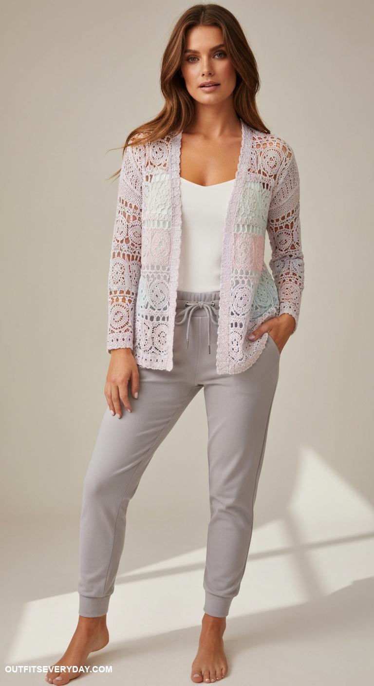 crochet cardigan outfit Layer a lightweight cardigan over a camisole and jogger pants