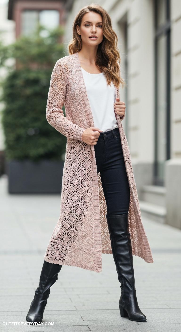 crochet cardigan outfit Match a long cardigan with skinny jeans and knee high boots
