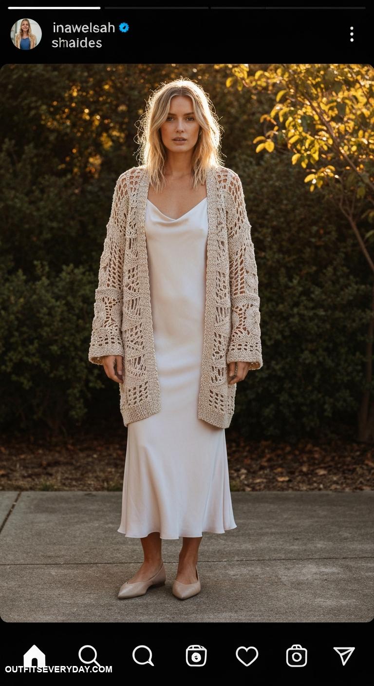 crochet cardigan outfit Style an oversized cardigan with a slip dress and pointed toe flats