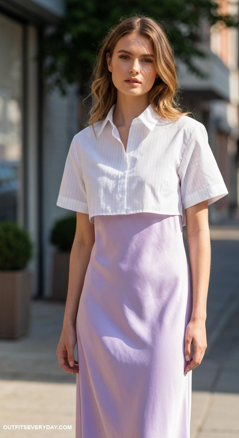 cropped button up shirt outfit Style a cropped shirt over a slip dress for added dimension