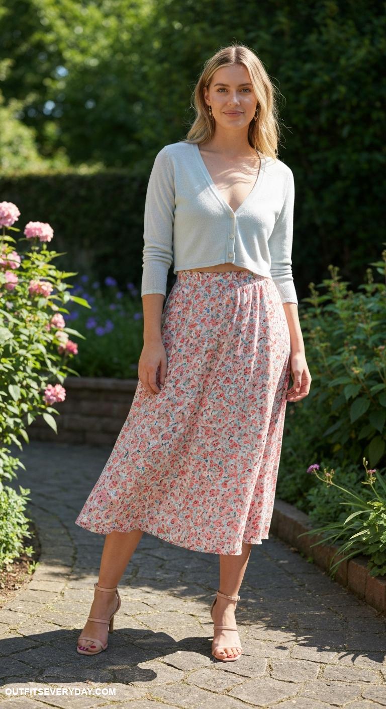 cropped cardigan outfit Match with a midi skirt and heeled sandals for a summer outfit