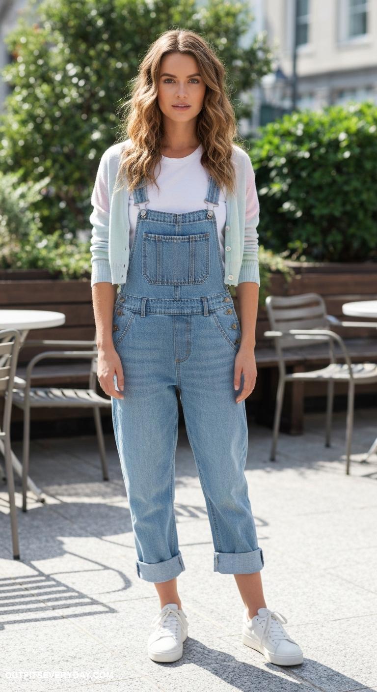 cropped cardigan outfit Pair with denim overalls and sneakers for a casual brunch look