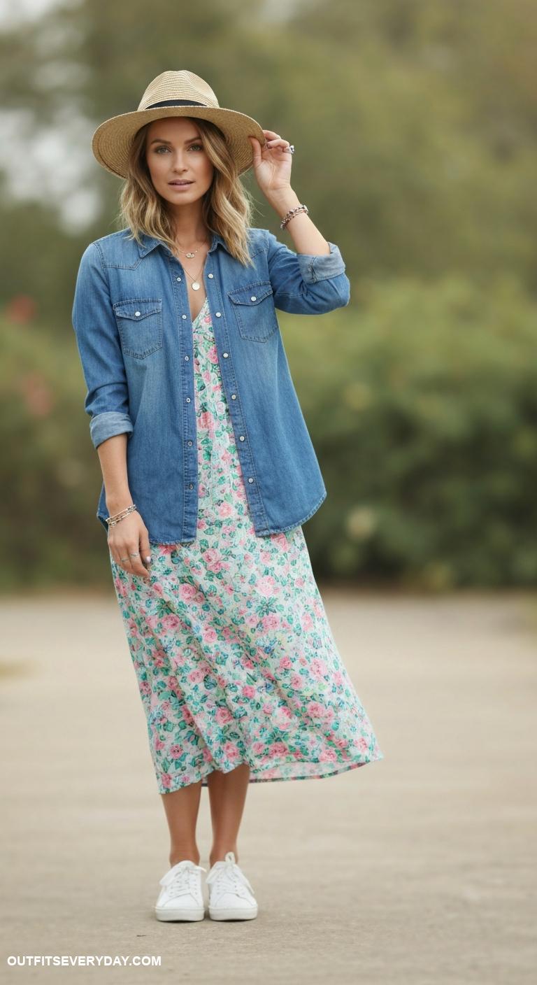 denim shirt outfit women Layer under a floral midi dress for a boho look