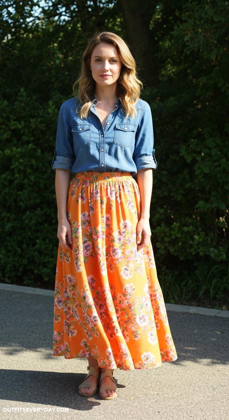 denim shirt outfit women Pair with a bright colored maxi skirt and sandals