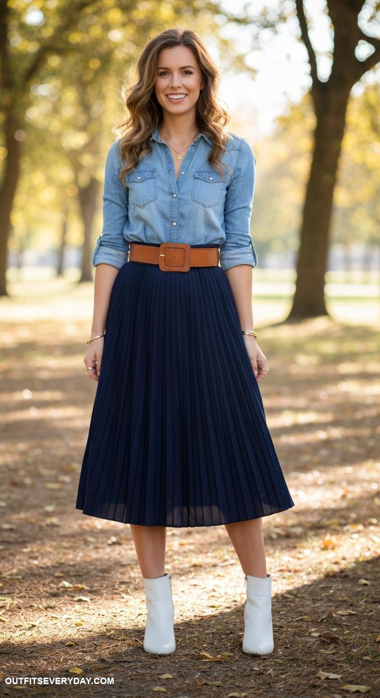 denim shirt outfit women Style with a pleated skirt and statement belt