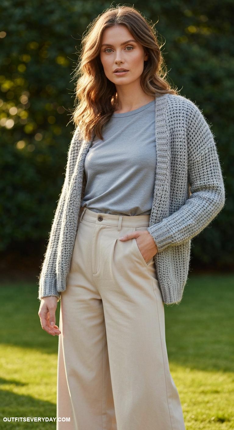 gray shirt outfit Complement a gray shirt with a chunky knit cardigan and wide leg pants