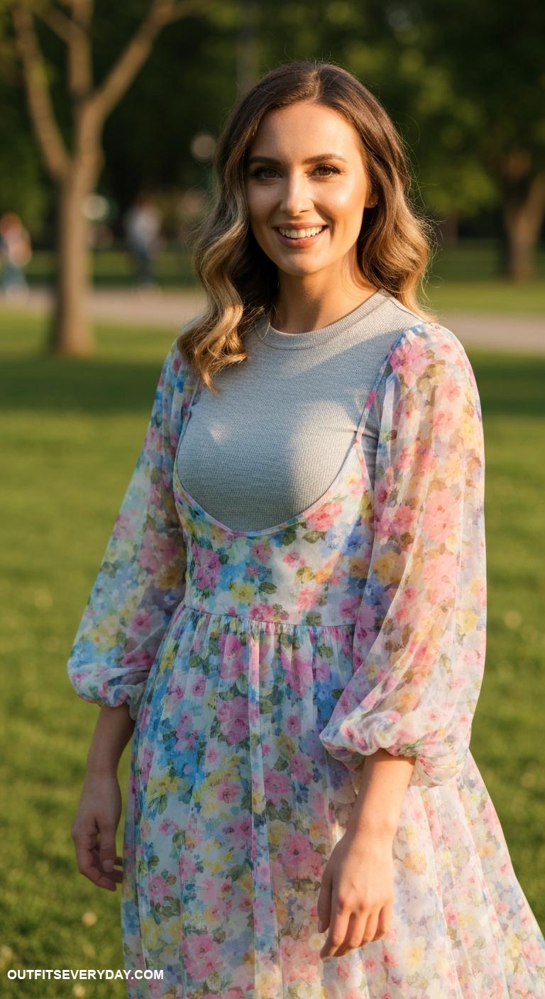 gray shirt outfit Layer a gray shirt under a floral sheer dress for a trendy look