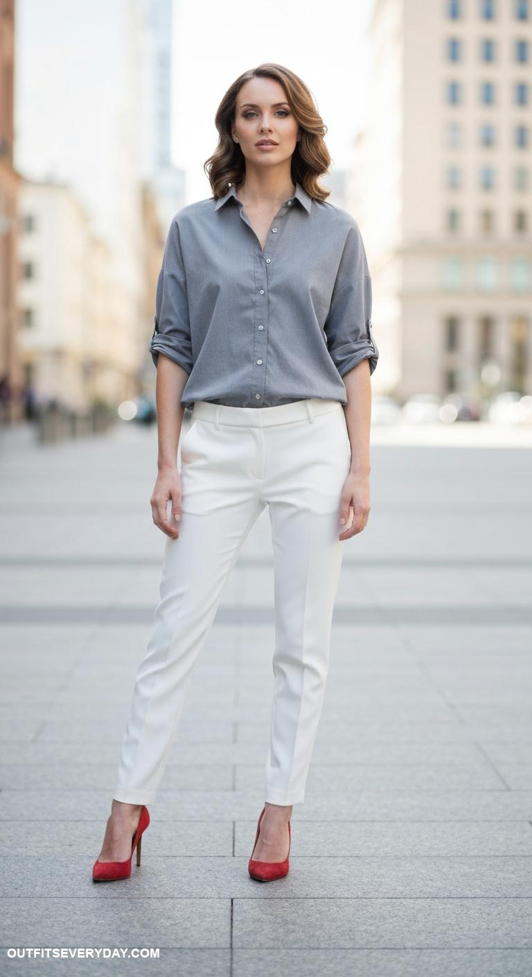 gray shirt outfit Match a gray shirt with tailored white trousers and vibrant heels