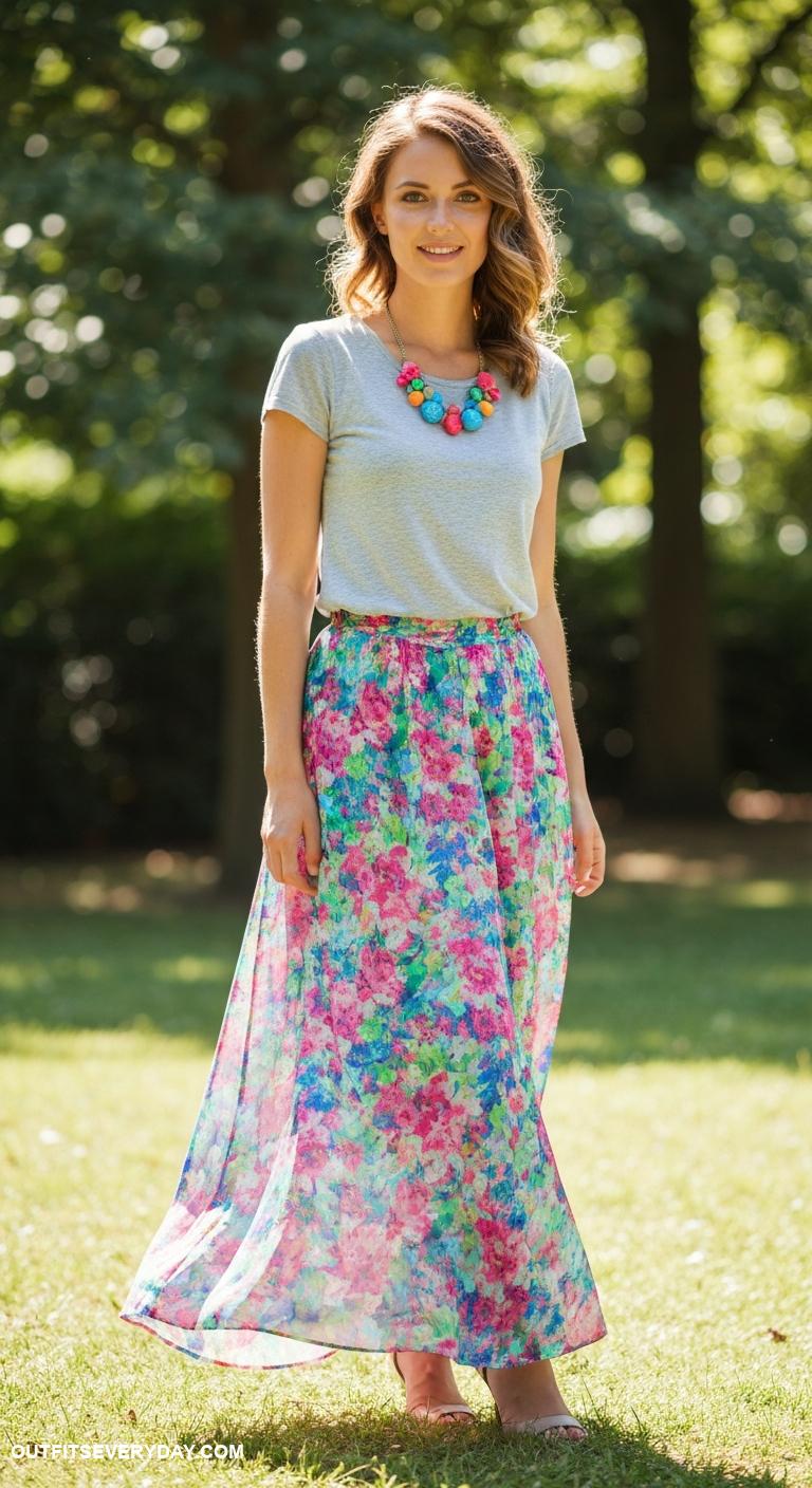 gray shirt outfit Style a gray shirt with a colorful maxi skirt and statement necklace