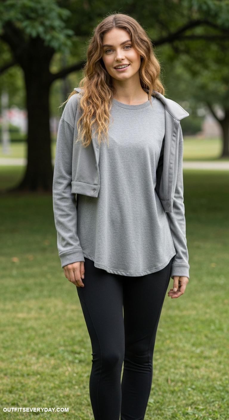 gray shirt outfit Wear an oversized gray shirt with fitted yoga pants and a cropped jacket
