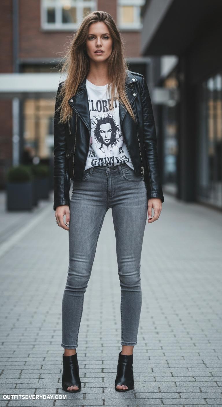 grey jeans outfit Combine grey jeans with a leather jacket and graphic tee for an edgy look