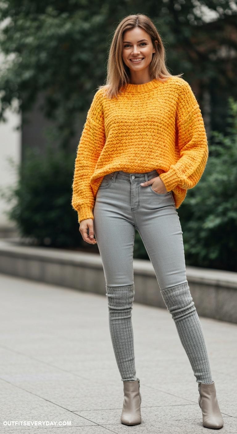 grey jeans outfit Match grey jeans with a bright knit sweater and knee high socks