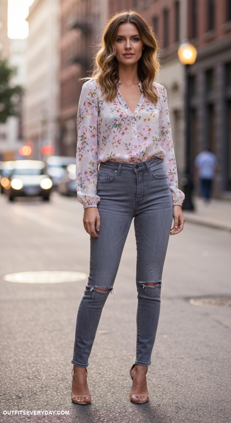 grey jeans outfit Pair high waisted grey jeans with a tucked in floral blouse
