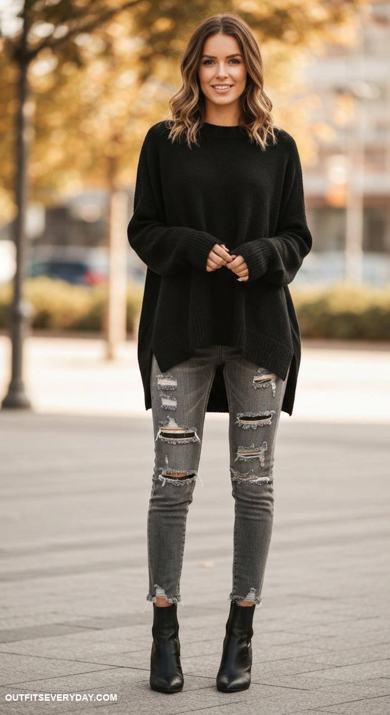 grey jeans outfit Team distressed grey jeans with an oversized black sweater and ankle boots