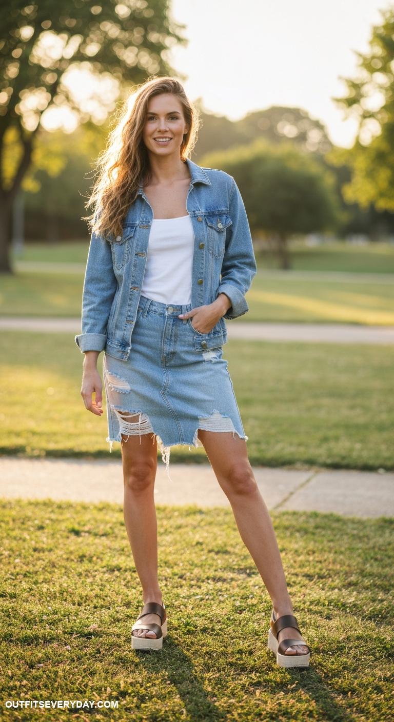 jean skirt outfit Combine a ripped jean skirt with a denim jacket and platform sandals