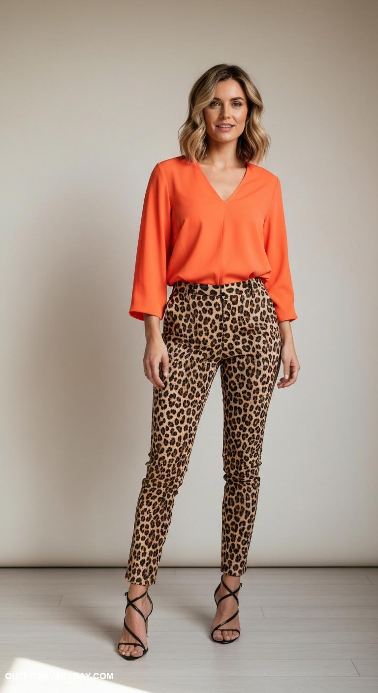 leopard pants outfit Contrast with a bright colored blouse and strappy heels