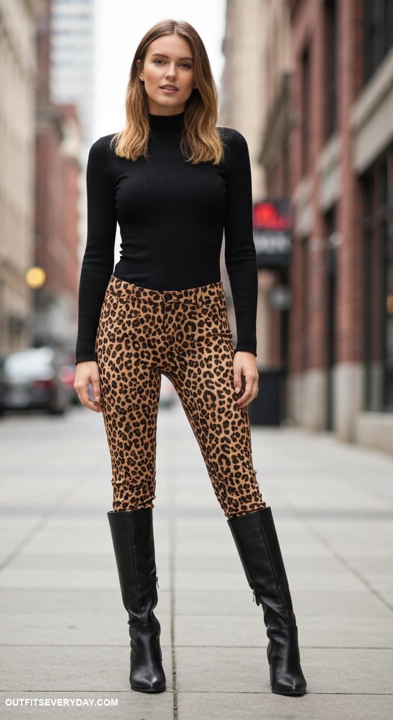 leopard pants outfit Match with a fitted turtleneck and knee high leather boots