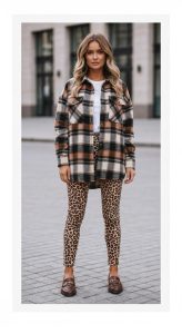 leopard pants outfit Mix with an oversized plaid shirt and loafers