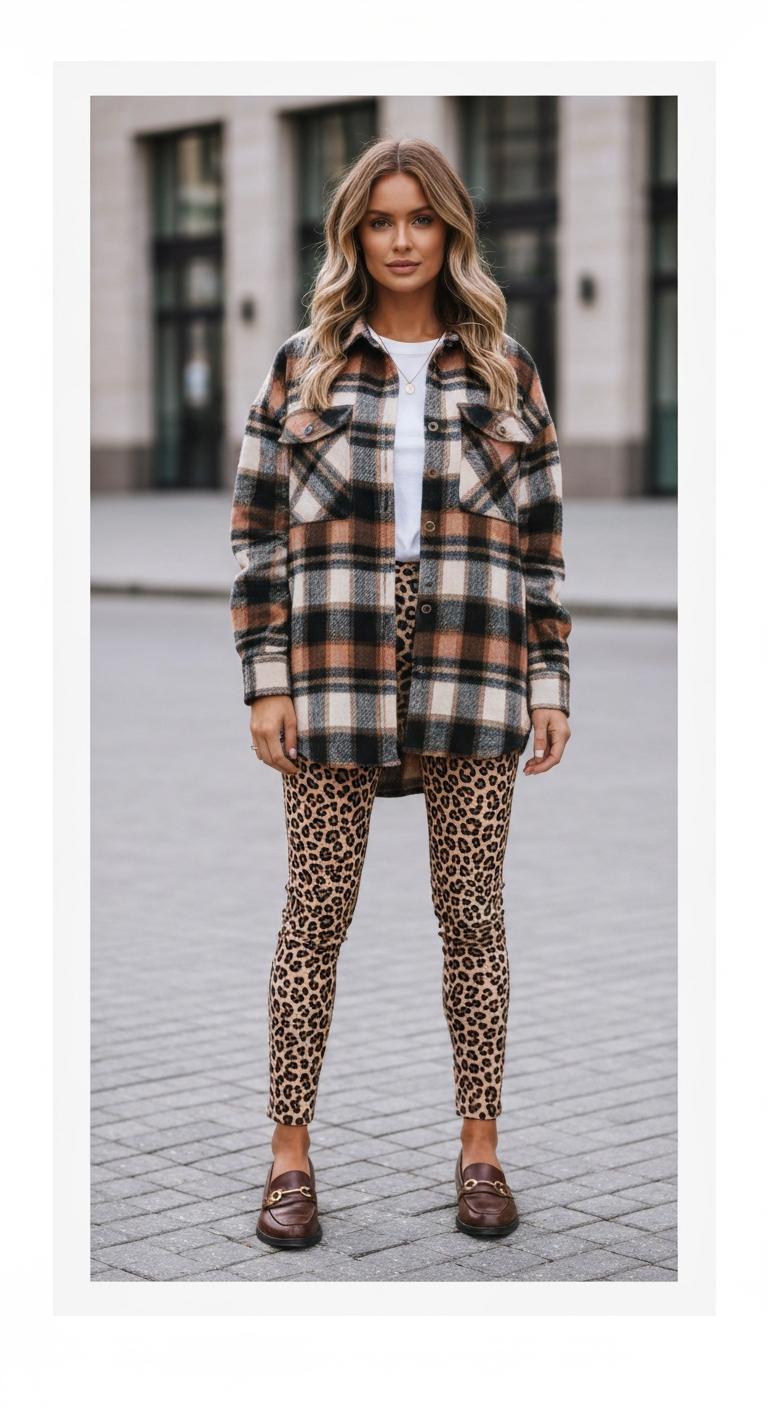 leopard pants outfit Mix with an oversized plaid shirt and loafers