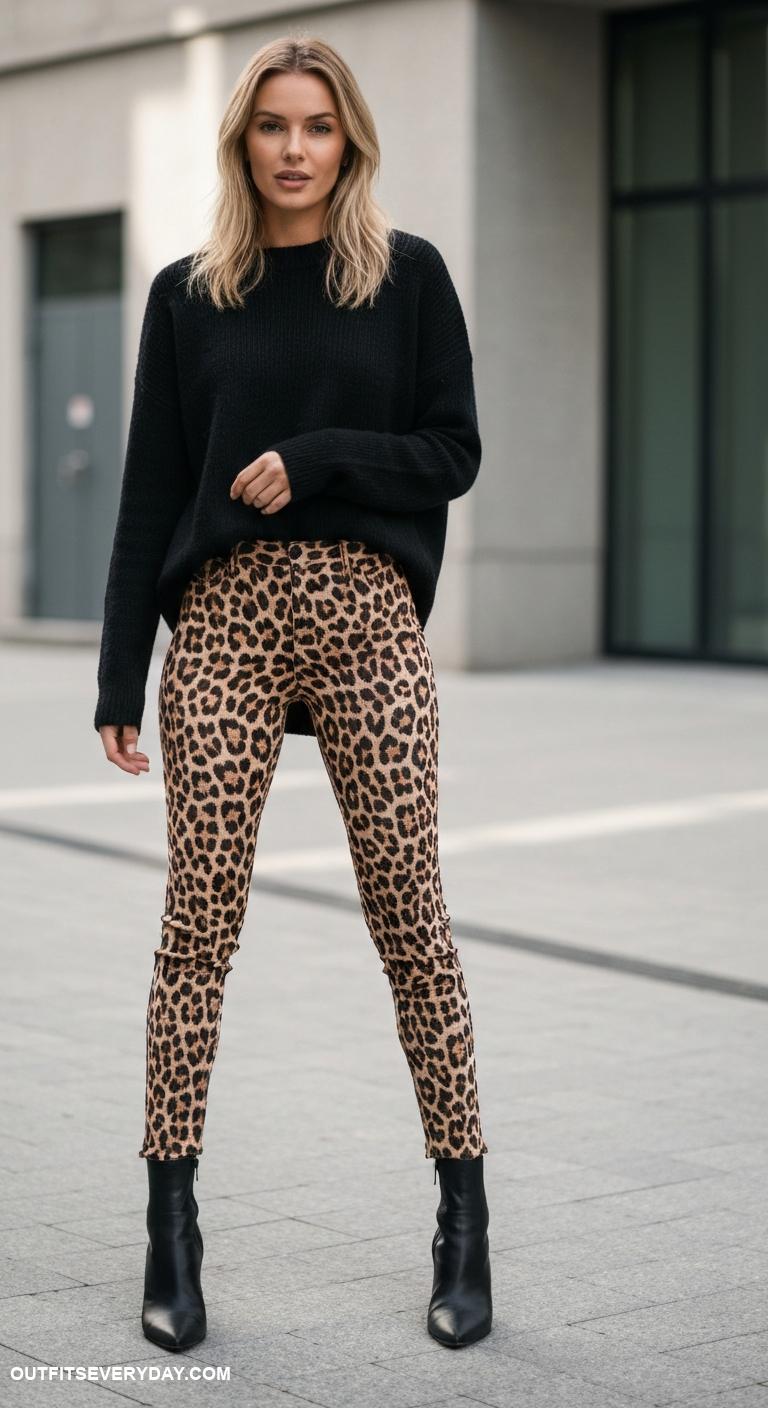 leopard pants outfit Pair leopard pants with a black oversized sweater and ankle boots