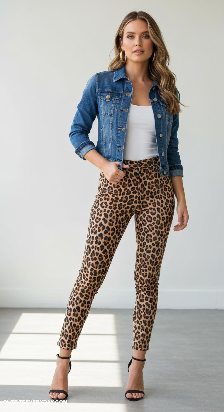 leopard pants outfit Style with a denim jacket and a basic white tank top