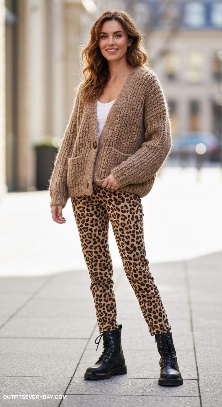 leopard pants outfit Wear with a chunky knit cardigan and combat boots