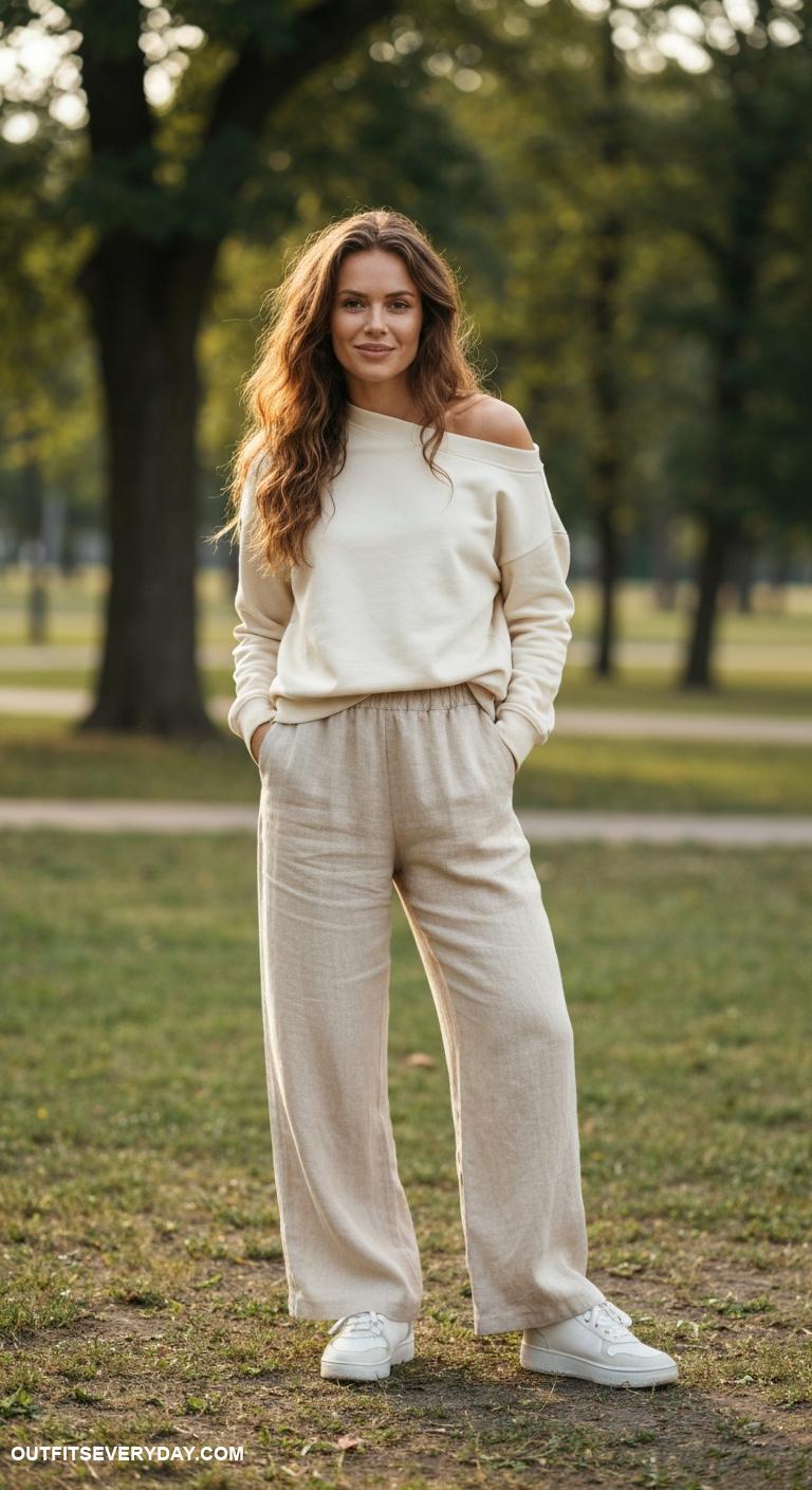 linen pants outfit Dress down linen pants with a oversized sweatshirt and trendy sneakers