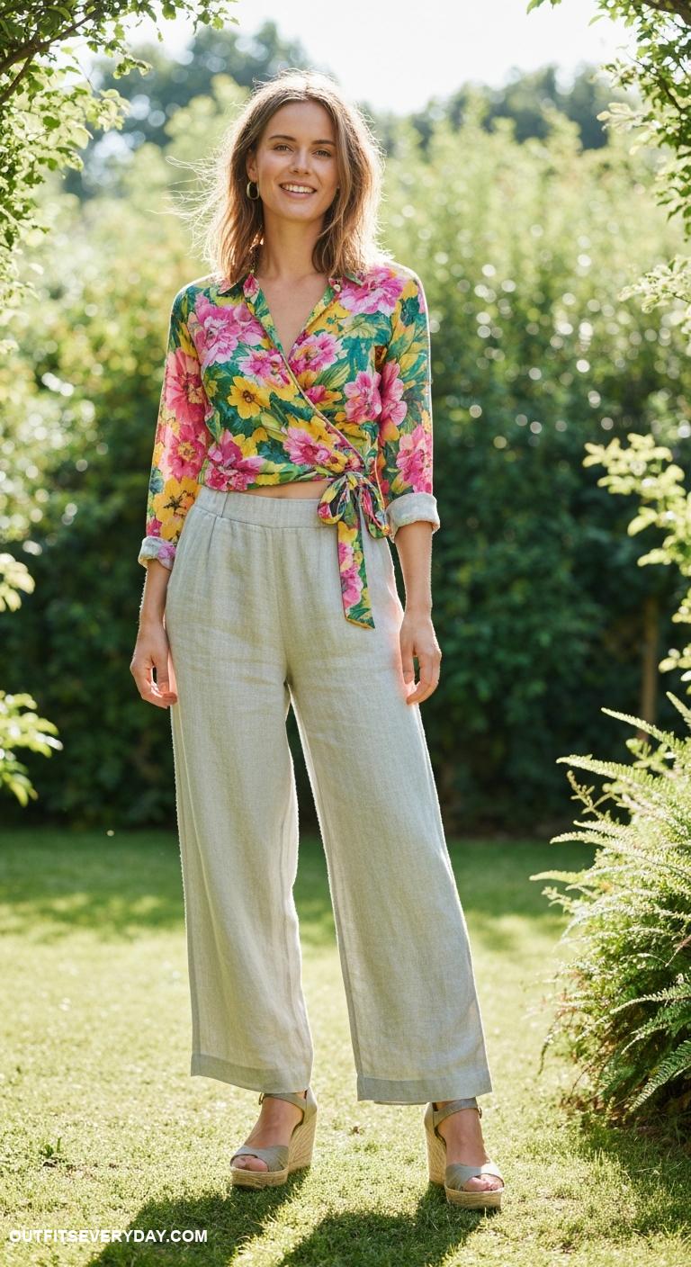 linen pants outfit Match light grey linen pants with a floral wrap shirt and wedge sandals