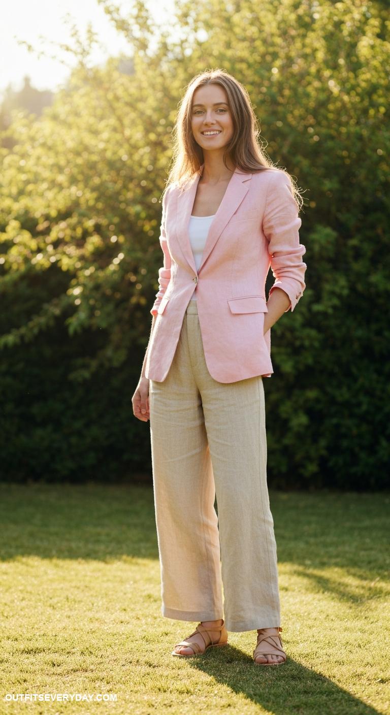 linen pants outfit Pair white linen pants with a pastel linen blazer and sandals