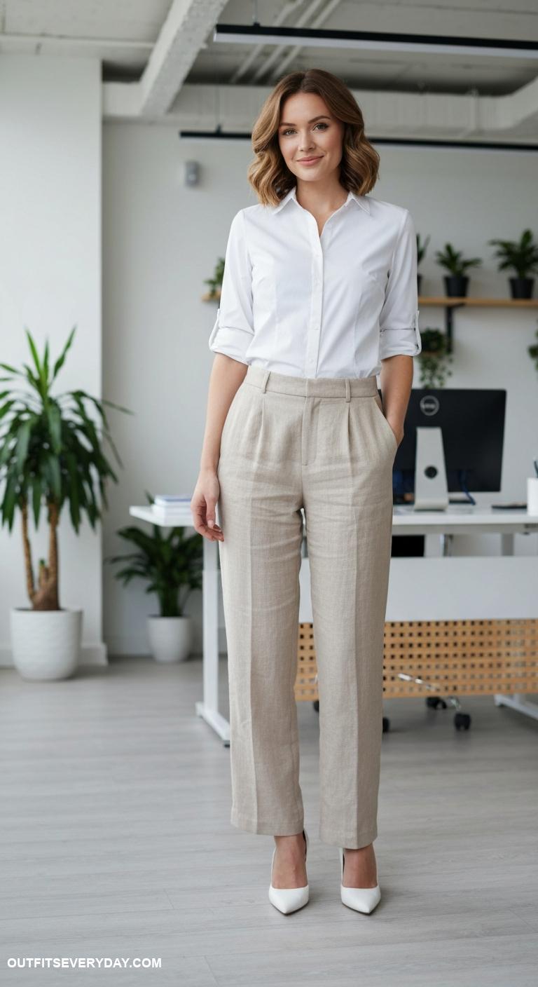 linen pants outfit Style tailored linen pants with a tailored white shirt and pumps for work
