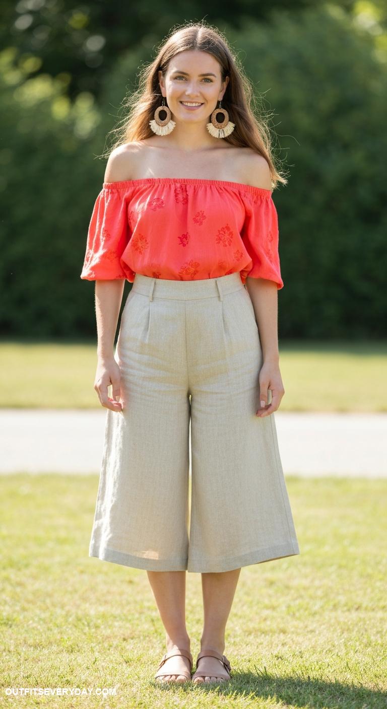 linen pants outfit Wear linen culottes with a vibrant off shoulder top and statement earrings