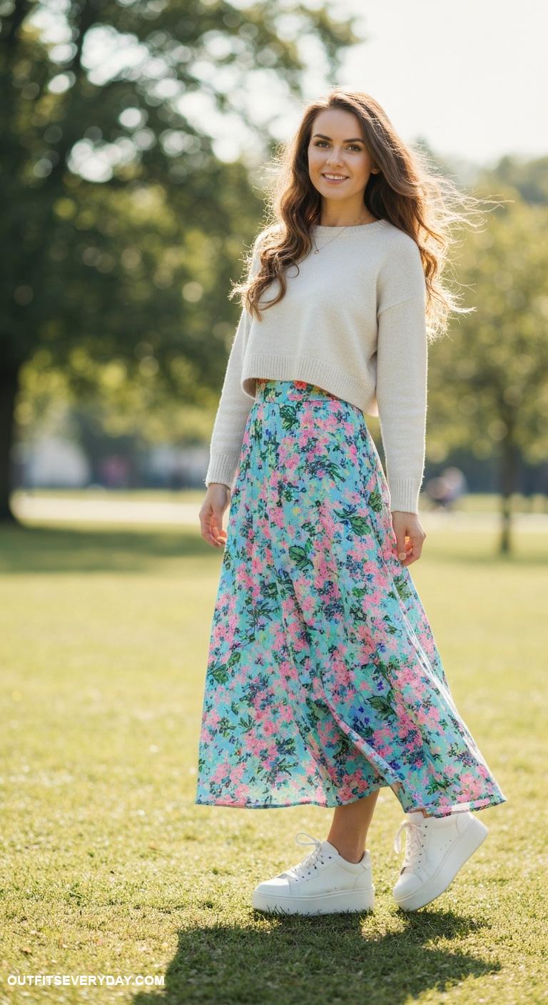 long skirt outfit Combine a patterned skirt with a solid cropped sweater and platform sneakers
