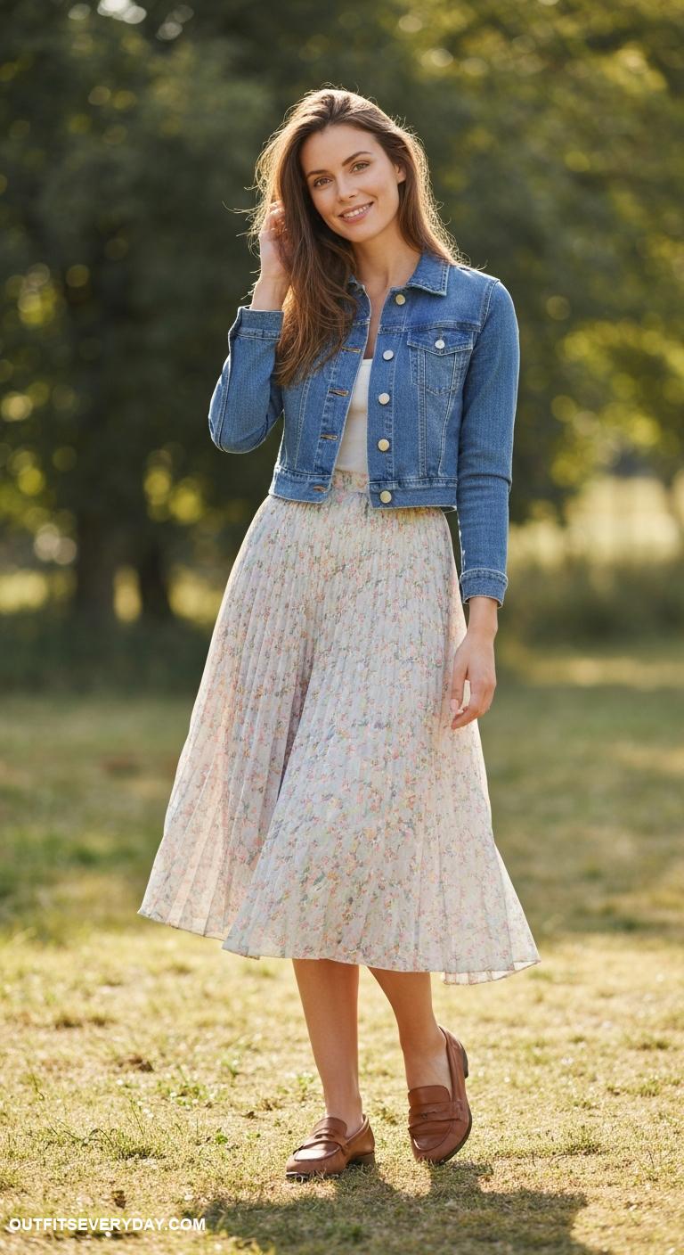 long skirt outfit Combine a pleated midi skirt with a cropped denim jacket and loafers