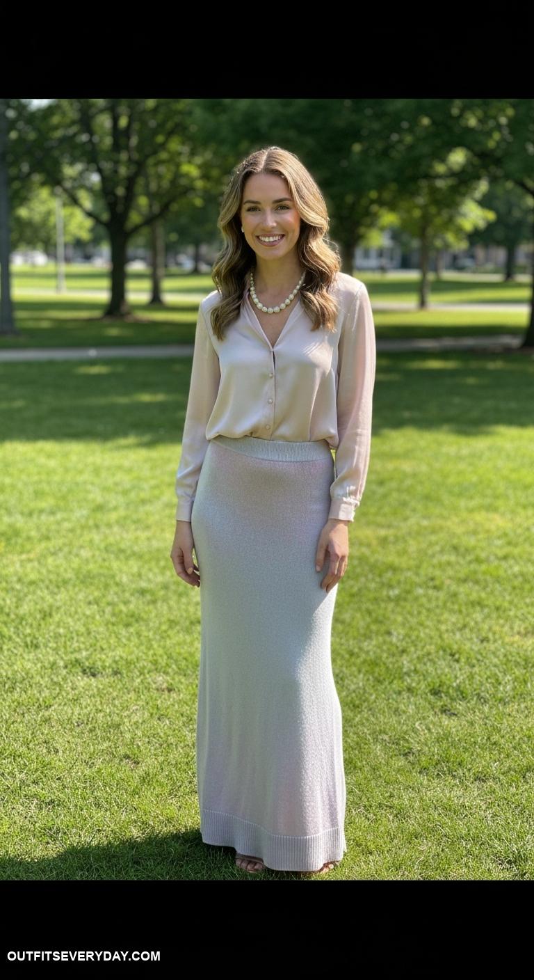 long skirt outfit Dress up a long knit skirt with a silk blouse and pearl necklace