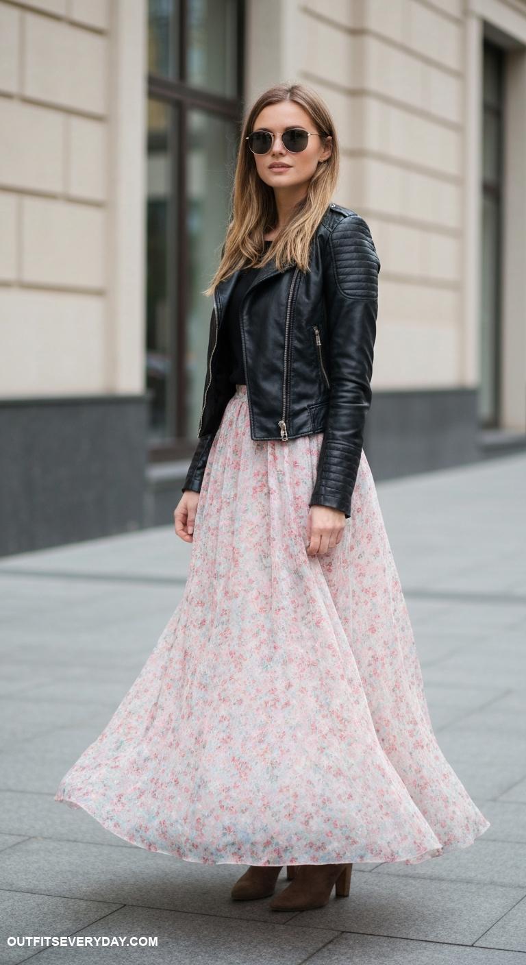 long skirt outfit Layer a long skirt under a fitted leather jacket and wear chic sunglasses