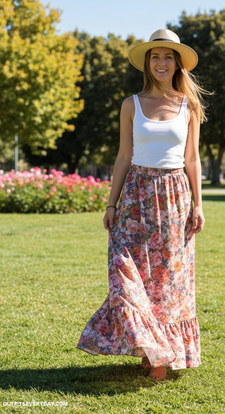 long skirt outfit Match a bohemian maxi skirt with a simple tank top and a wide brim hat