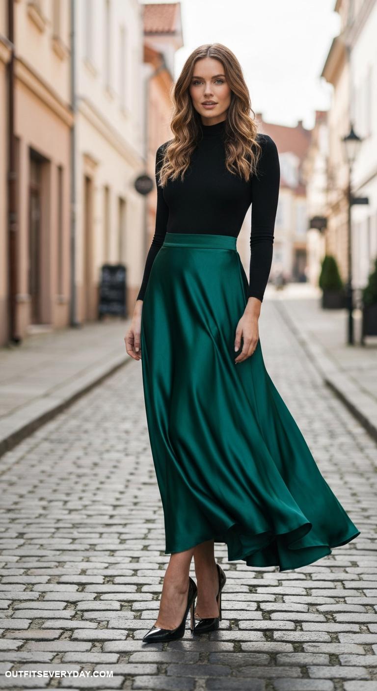 long skirt outfit Mix a sleek satin skirt with a tucked in turtleneck and high heels