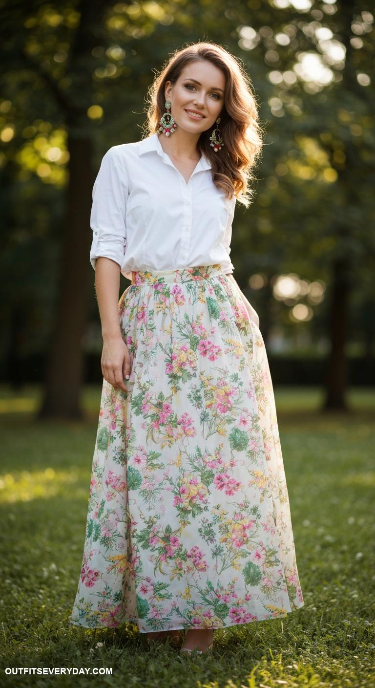 long skirt outfit Style a floral long skirt with a white button up and statement earrings