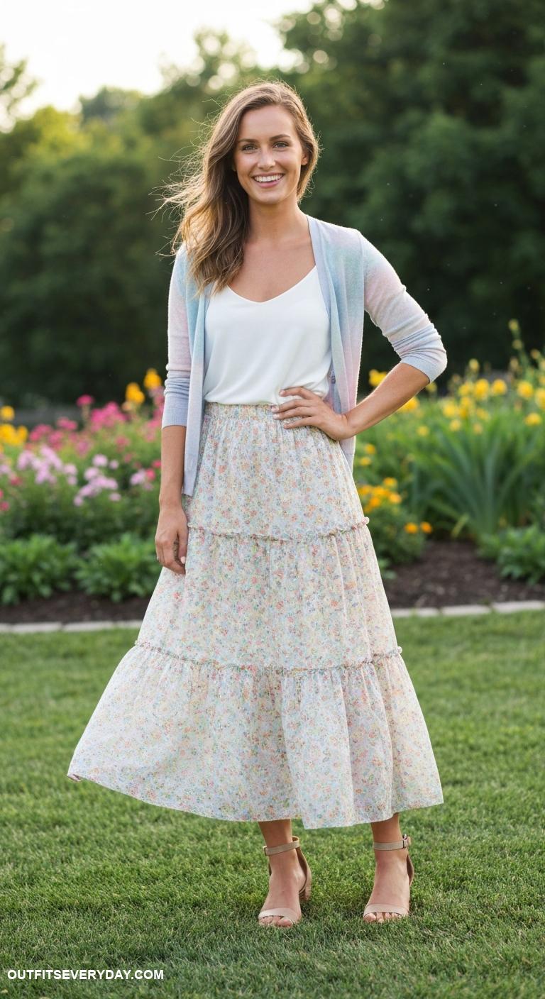 long skirt outfit Team a tiered skirt with a lightweight cardigan and ankle strap sandals