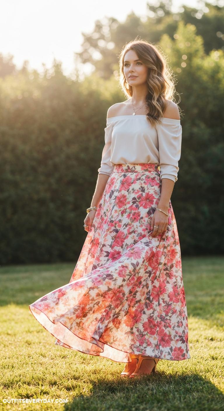 maxi skirt outfit Match a high waisted maxi skirt with an off shoulder blouse for elegance