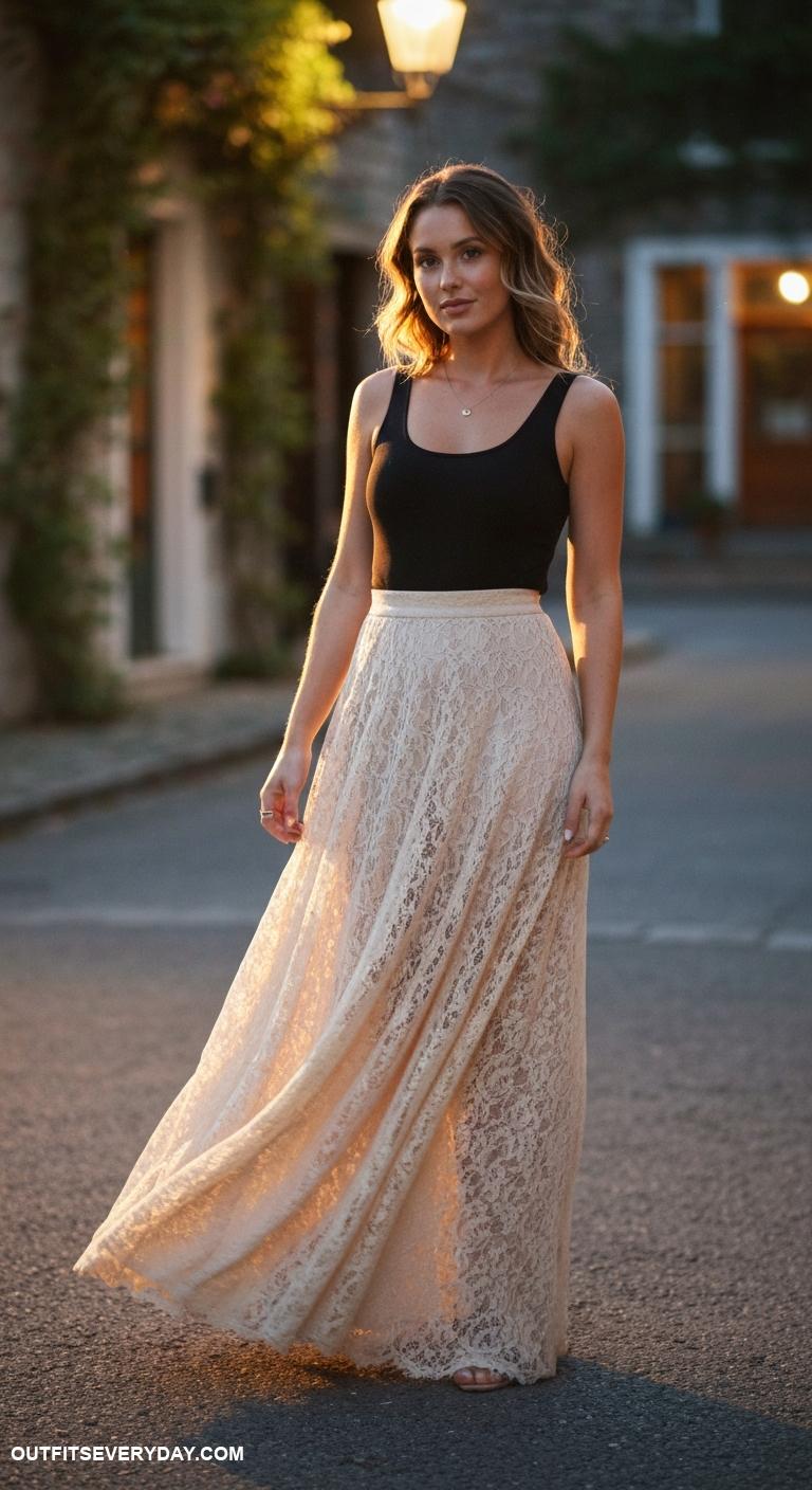 maxi skirt outfit Opt for a lace maxi skirt with a tank top for a romantic evening