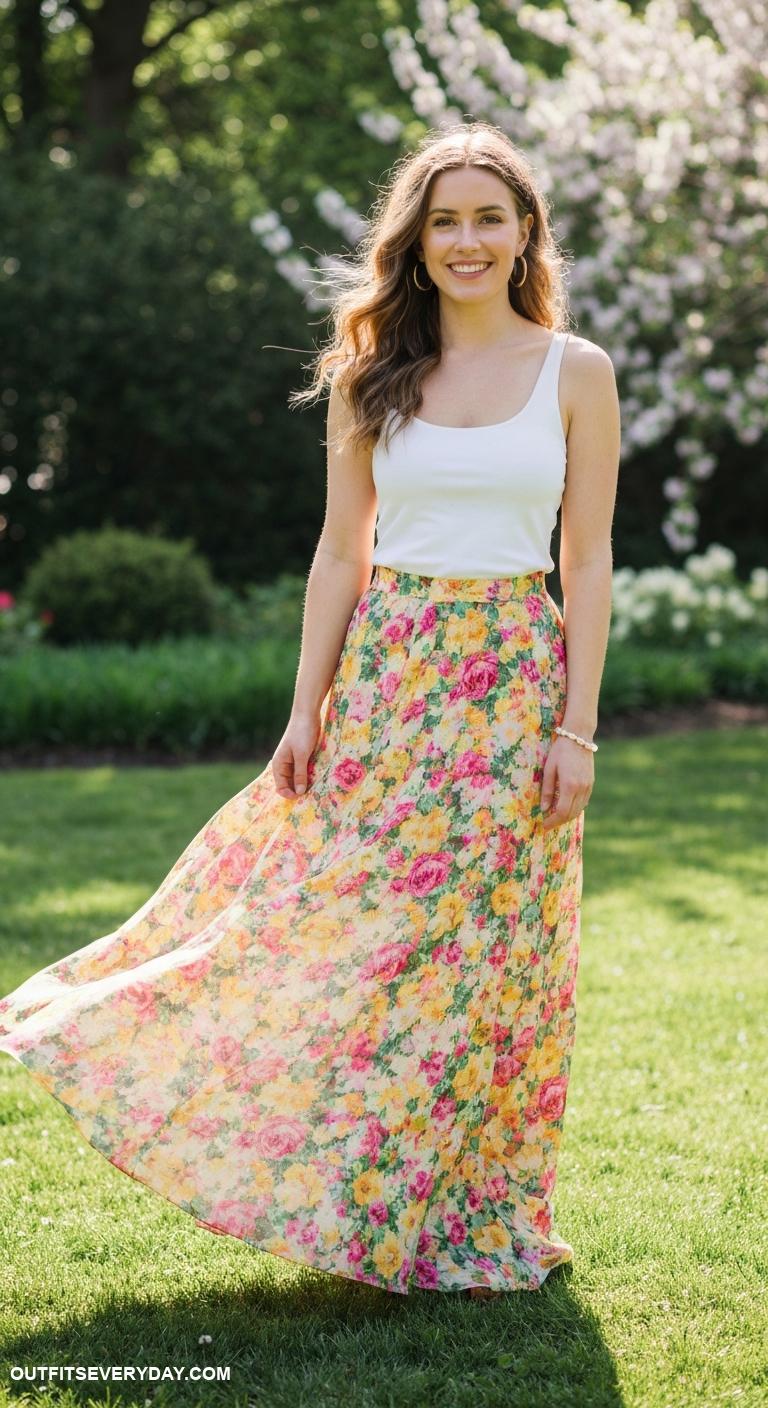 maxi skirt outfit Pair a floral maxi skirt with a simple white tank top
